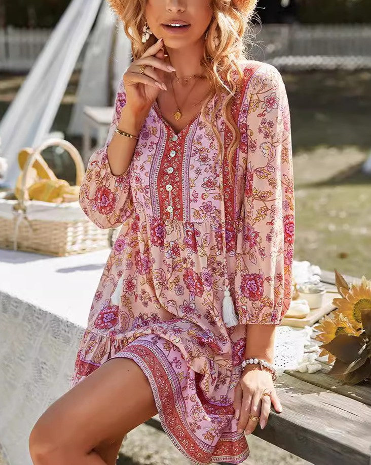 Floral Tassel Tie Tiered Boho Mini Dress - Red - 2