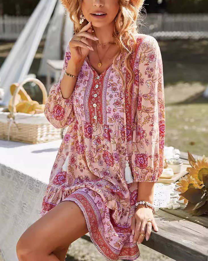 Floral Tassel Tie Tiered Boho Mini Dress