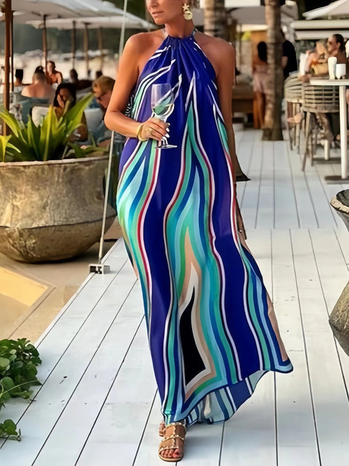 Abstract Swirl Print Halter Maxi Dress - Blue - 1
