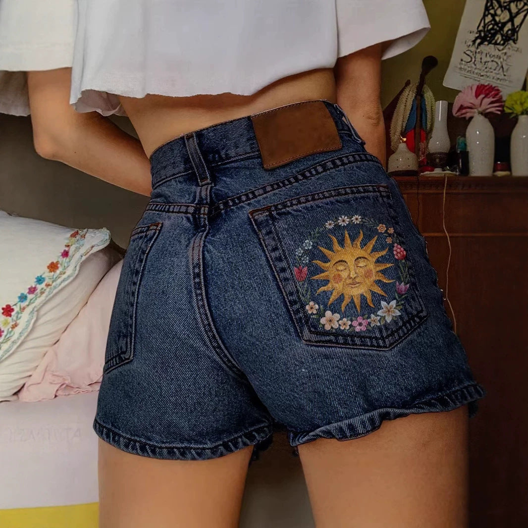 Sun Embroidered Pocket High Waist Denim Shorts - DarkBlue