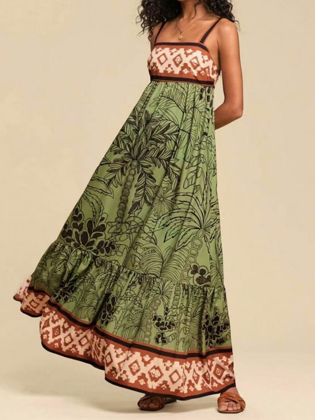 Tropical Border Print Strappy Maxi Dress - Olive