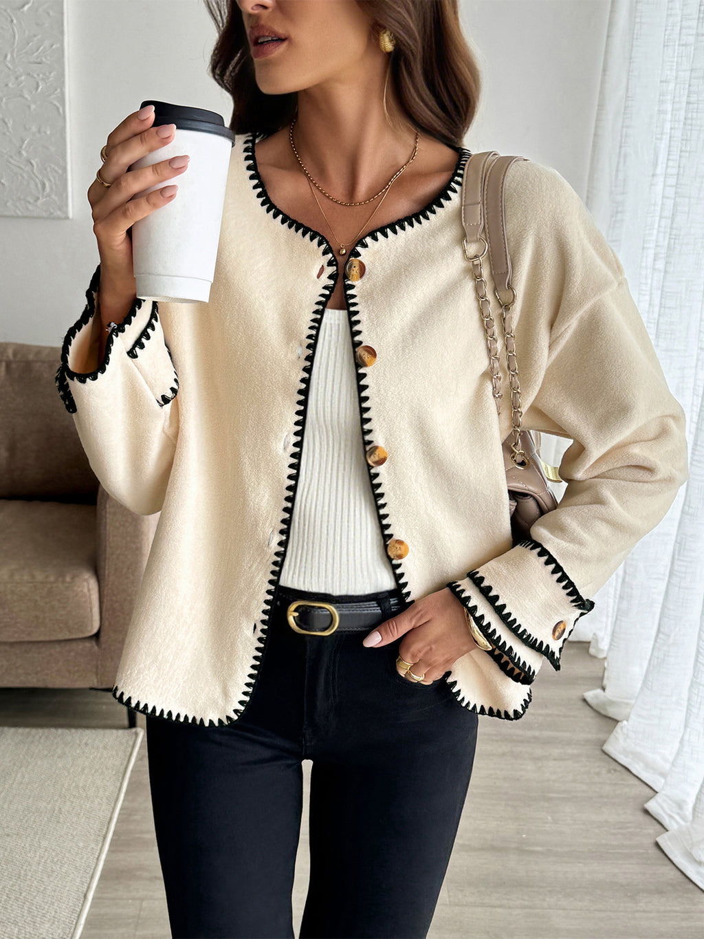 Contrast Blanket Stitch Micro Fleece Jacket - Beige