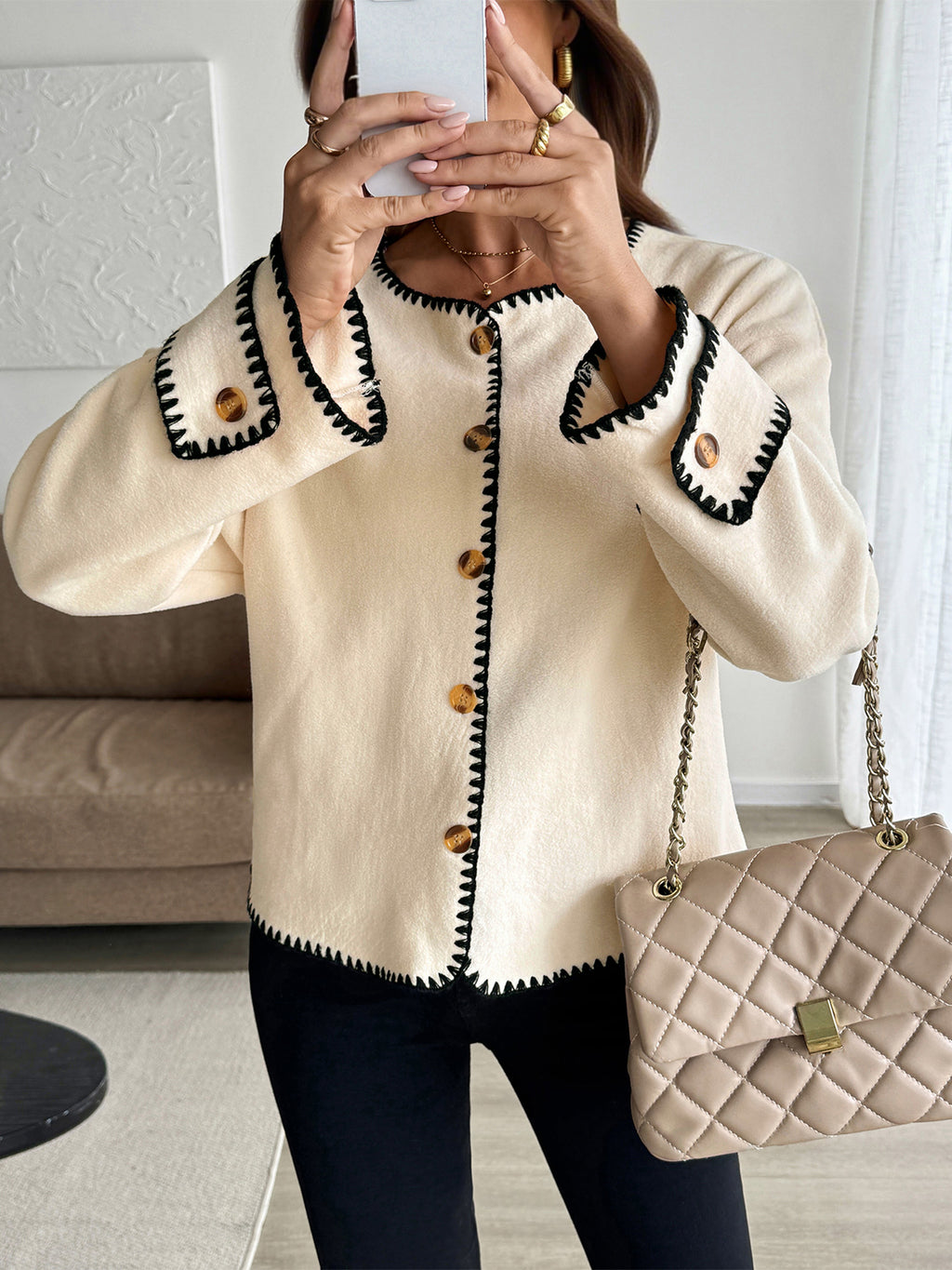Contrast Blanket Stitch Micro Fleece Jacket - Beige - 4