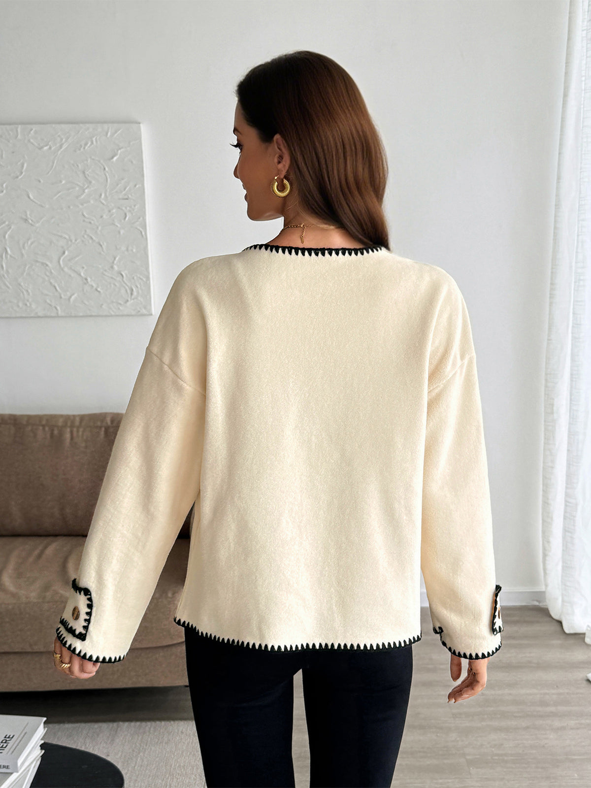 Contrast Blanket Stitch Micro Fleece Jacket - Beige - 5
