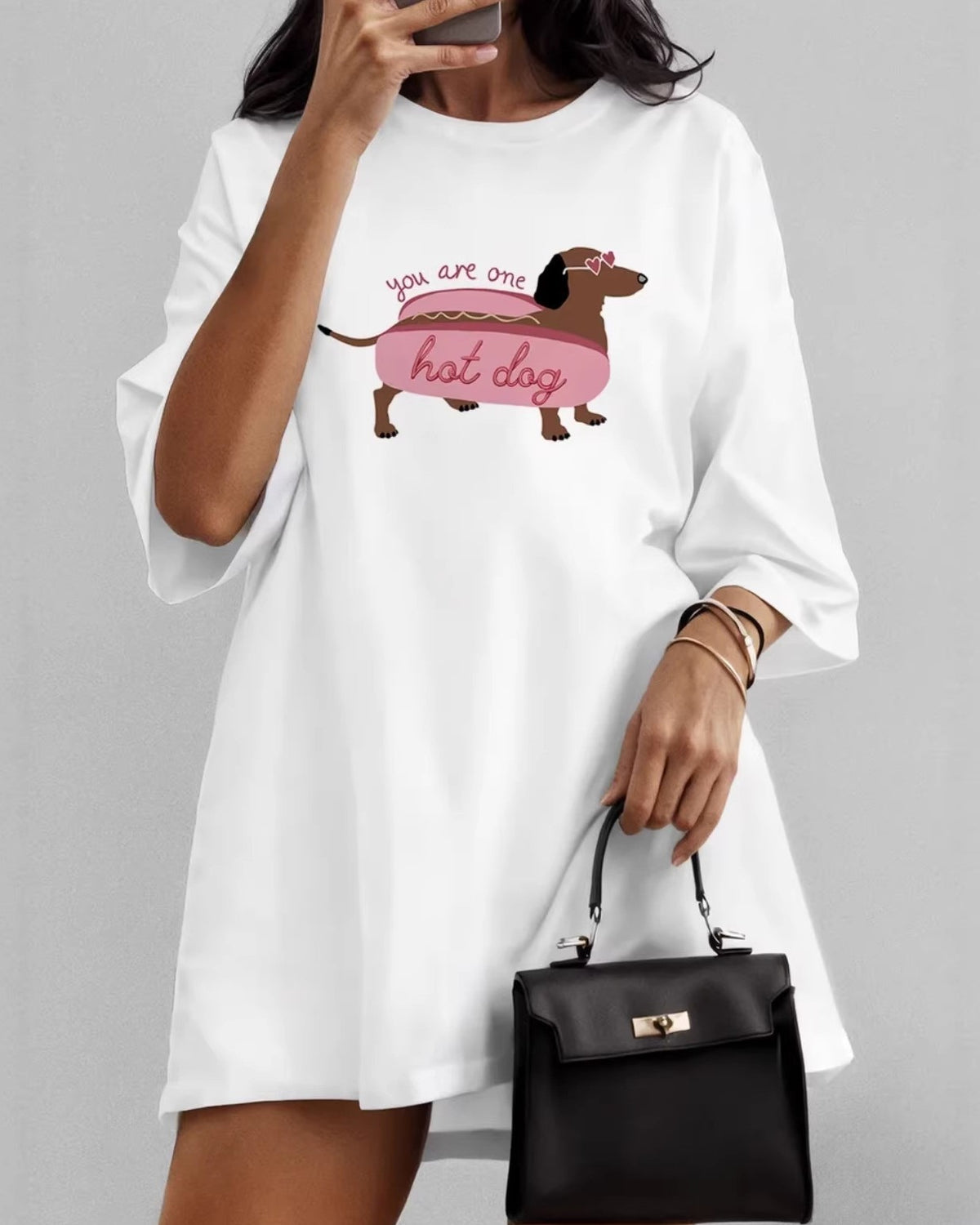Dachshund Graphic Oversized Cotton Tee - White