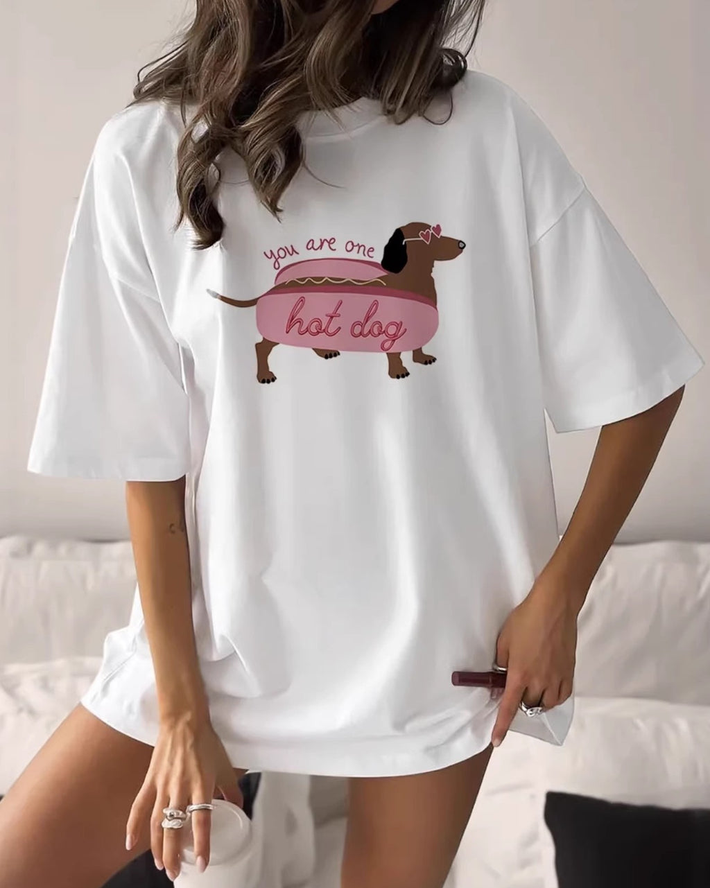 Dachshund Graphic Oversized Cotton Tee - White - 1