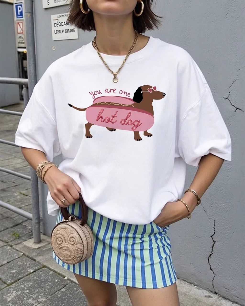 Dachshund Graphic Oversized Cotton Tee - White - 2