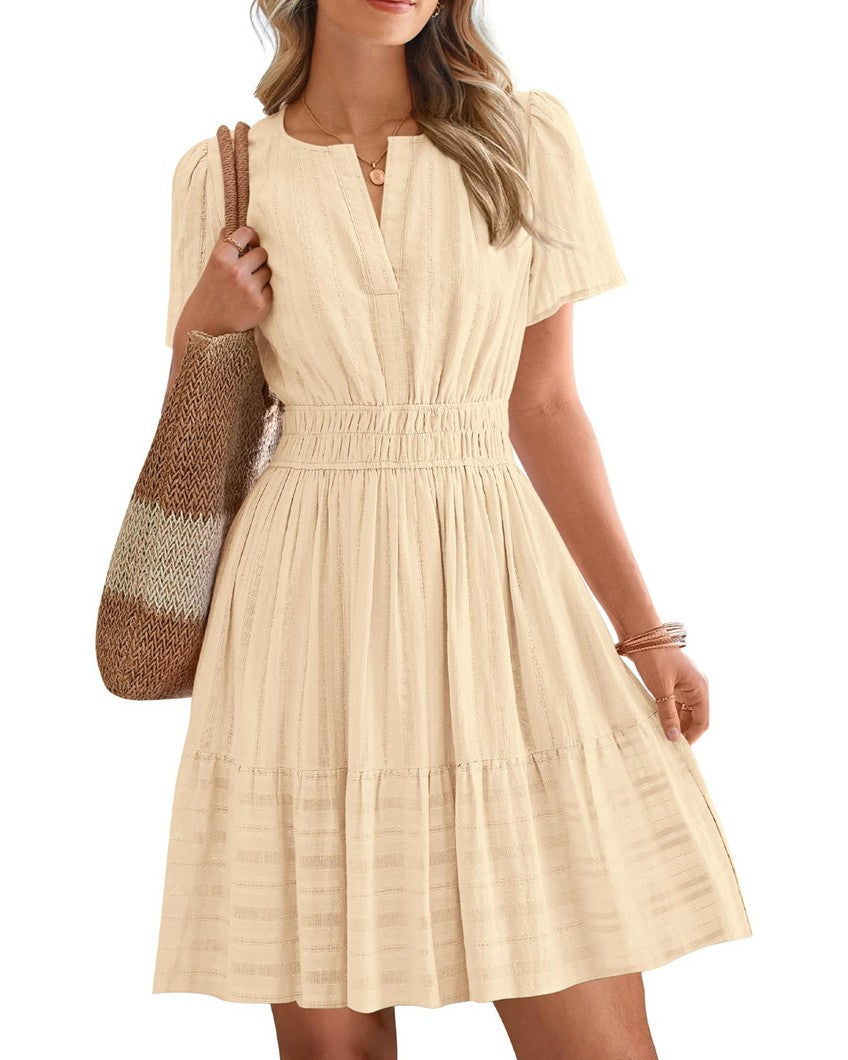 Notched Neck Puff Sleeve Tiered Swing Dress - Apricot