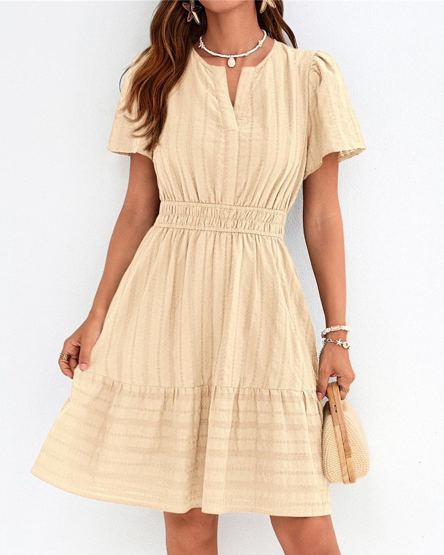 Notched Neck Puff Sleeve Tiered Swing Dress - Apricot - 1
