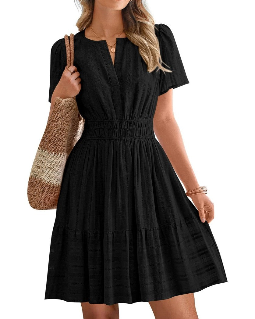 Notched Neck Puff Sleeve Tiered Swing Dress - Black