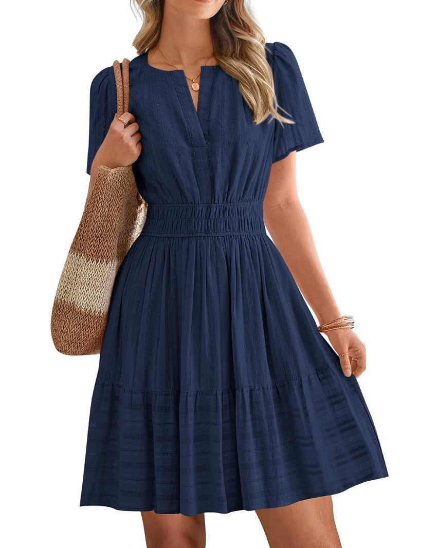 Notched Neck Puff Sleeve Tiered Swing Dress - Dark-Blue
