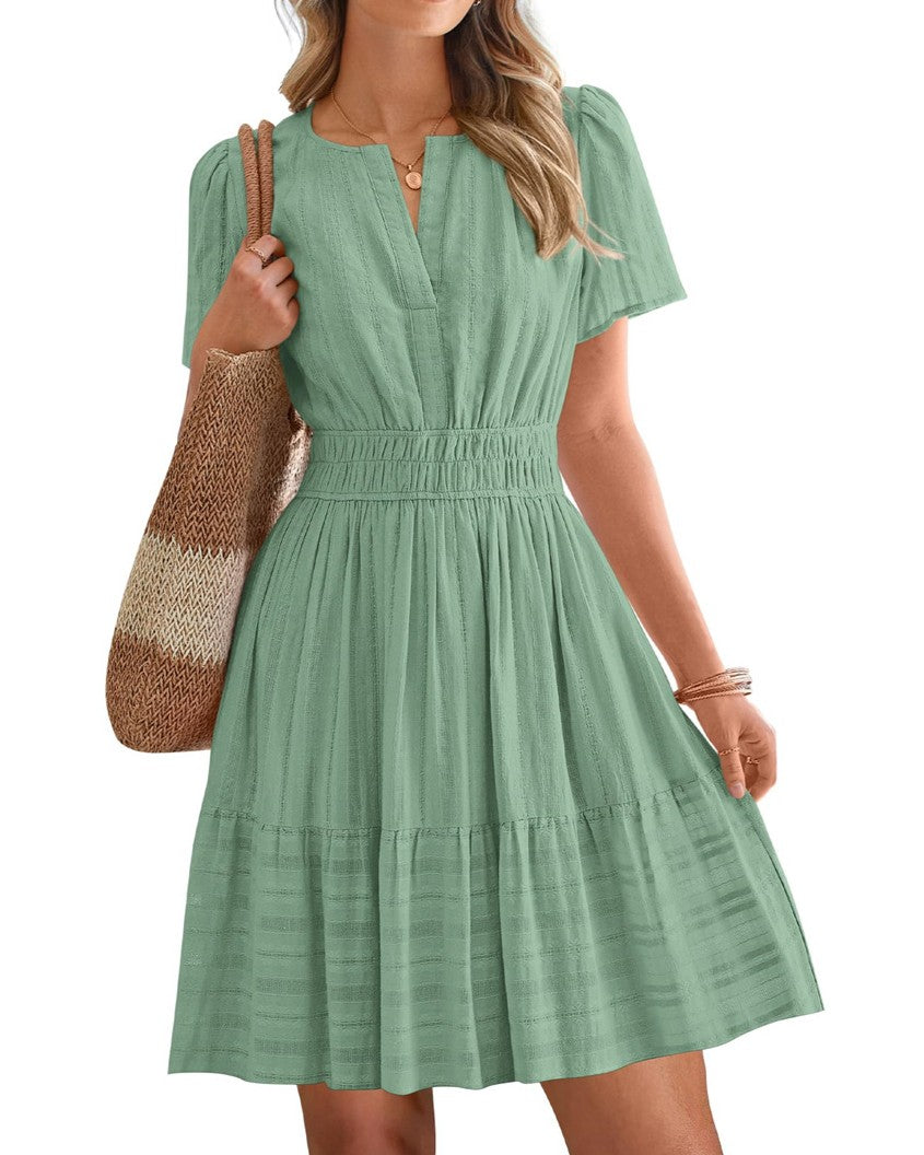 Notched Neck Puff Sleeve Tiered Swing Dress - Green