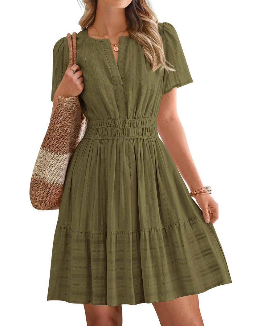 Notched Neck Puff Sleeve Tiered Swing Dress - MGreen