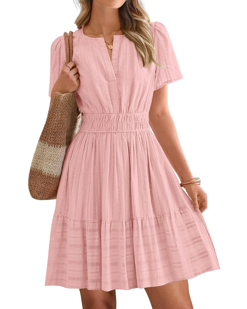 Notched Neck Puff Sleeve Tiered Swing Dress - Pink