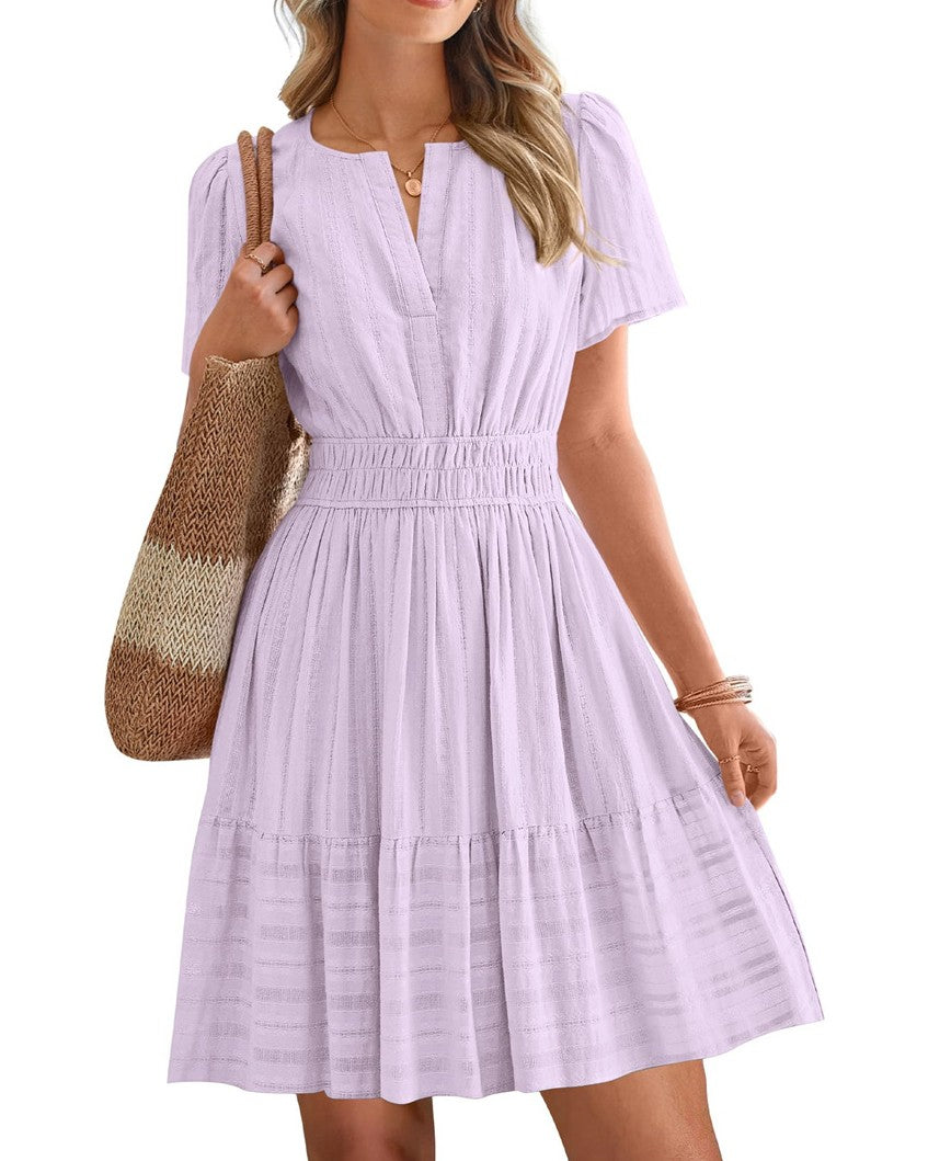 Notched Neck Puff Sleeve Tiered Swing Dress - Purple