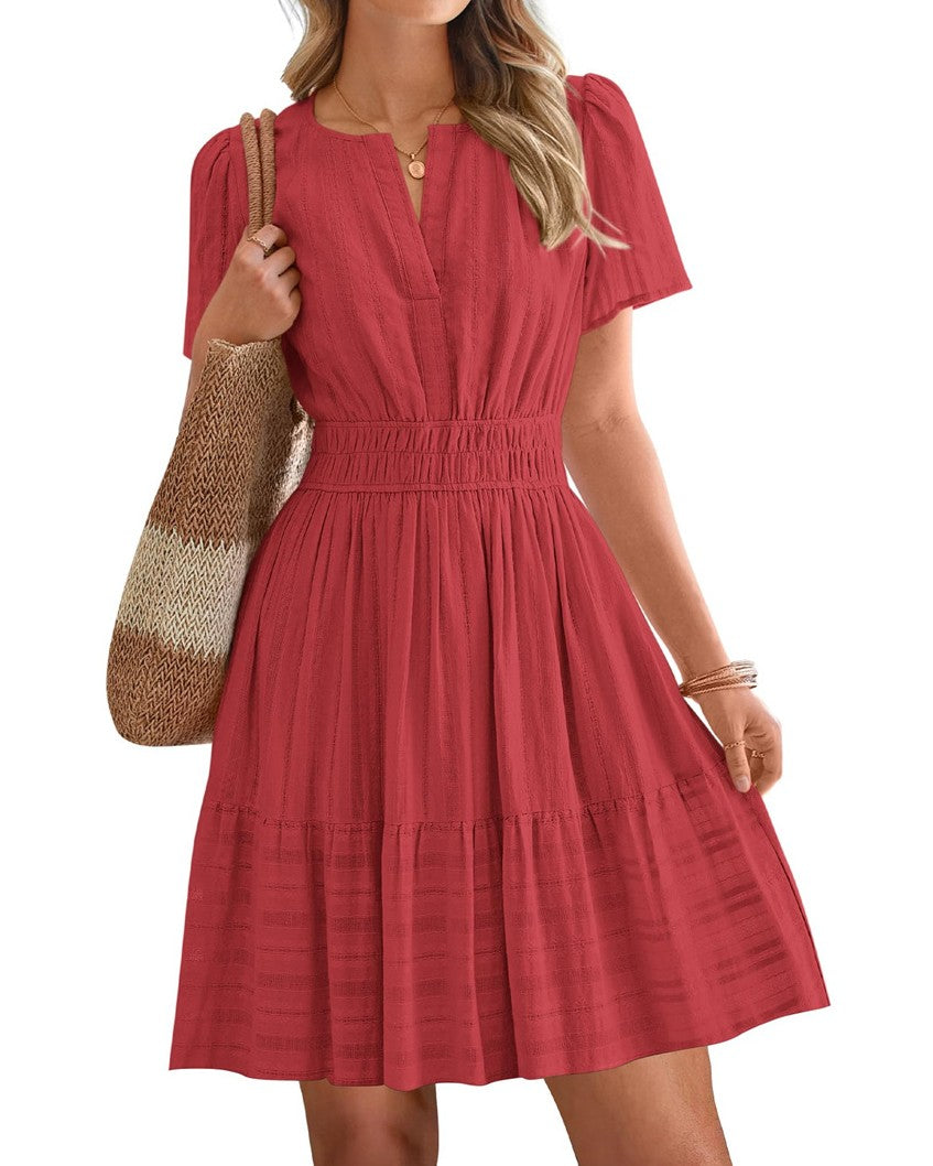 Notched Neck Puff Sleeve Tiered Swing Dress - Red