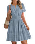 Notched Neck Puff Sleeve Tiered Swing Dress - Sea-Blue