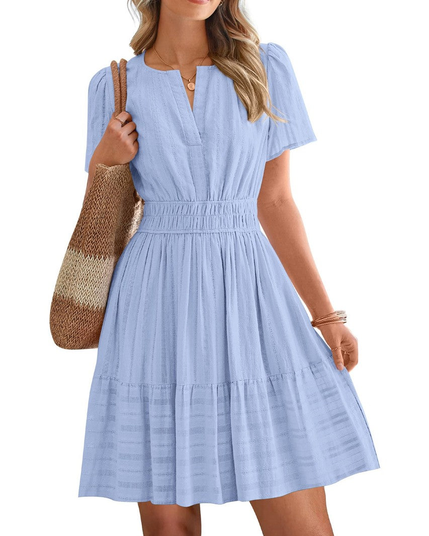 Notched Neck Puff Sleeve Tiered Swing Dress - Sky-Blue