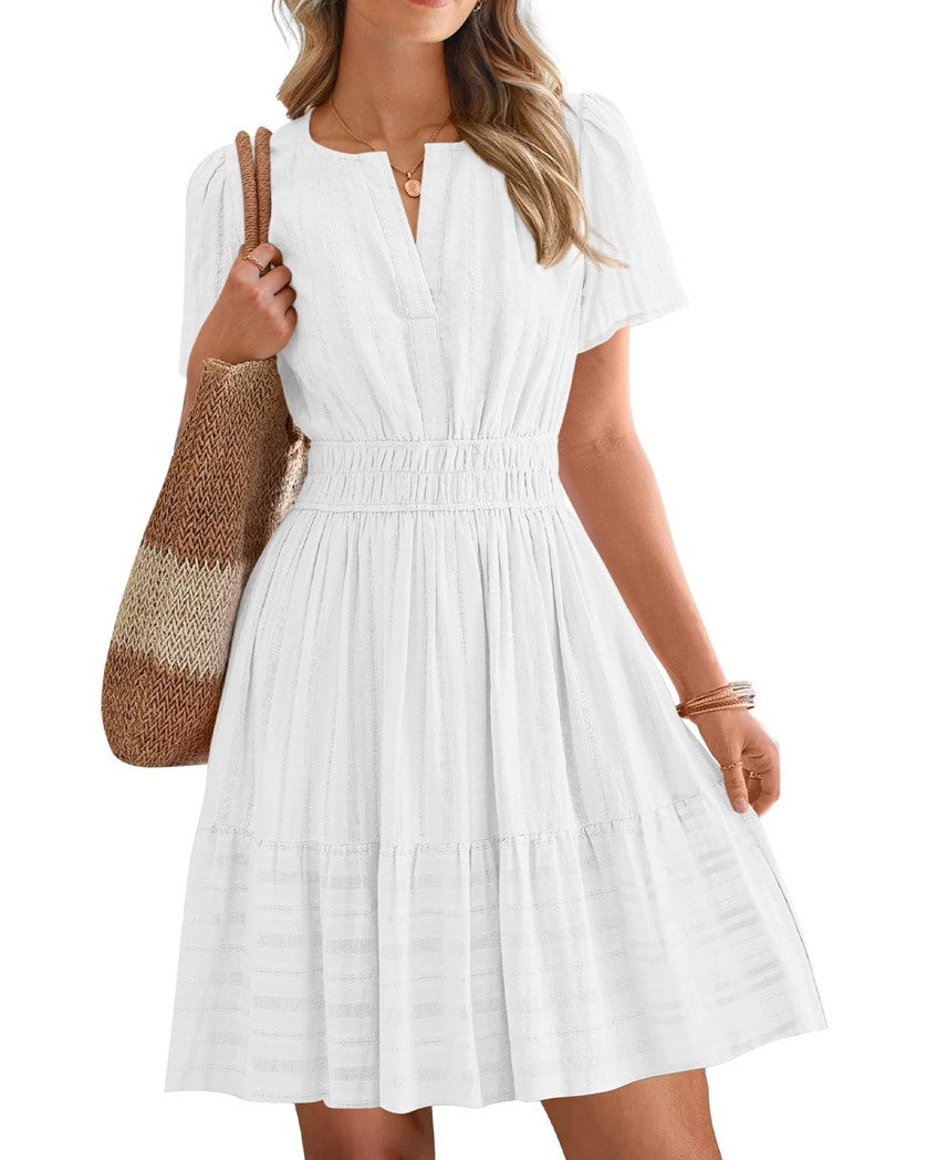 Notched Neck Puff Sleeve Tiered Swing Dress - White