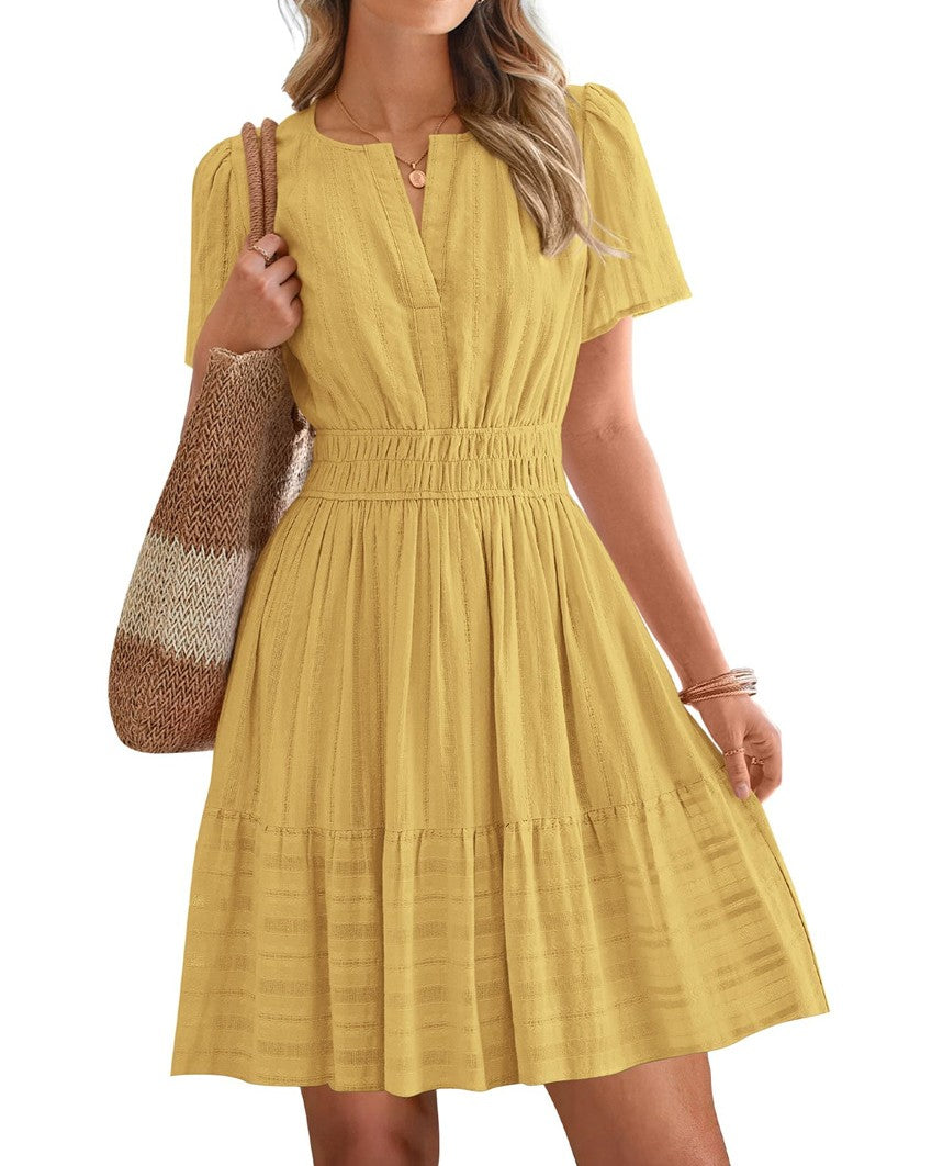 Notched Neck Puff Sleeve Tiered Swing Dress - Yellow