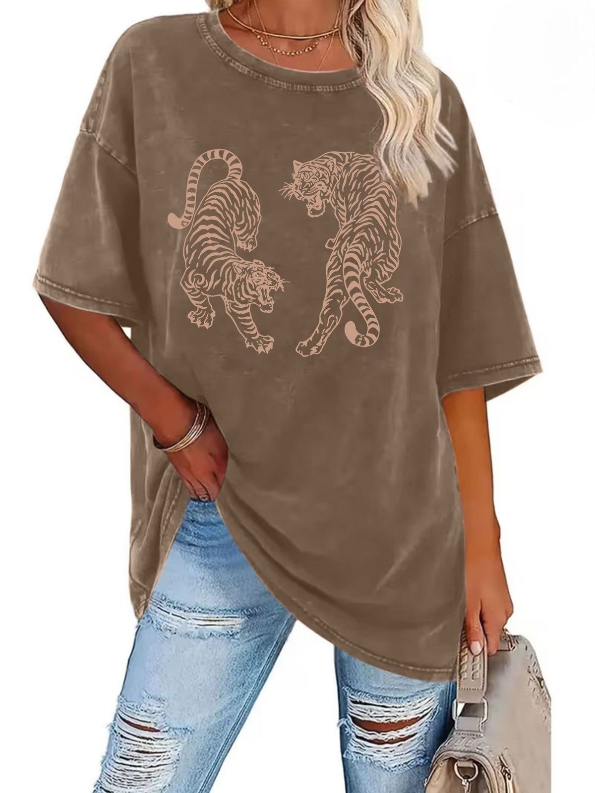Washed Twin Tiger Graphic Oversized T-Shirt - Coffee
