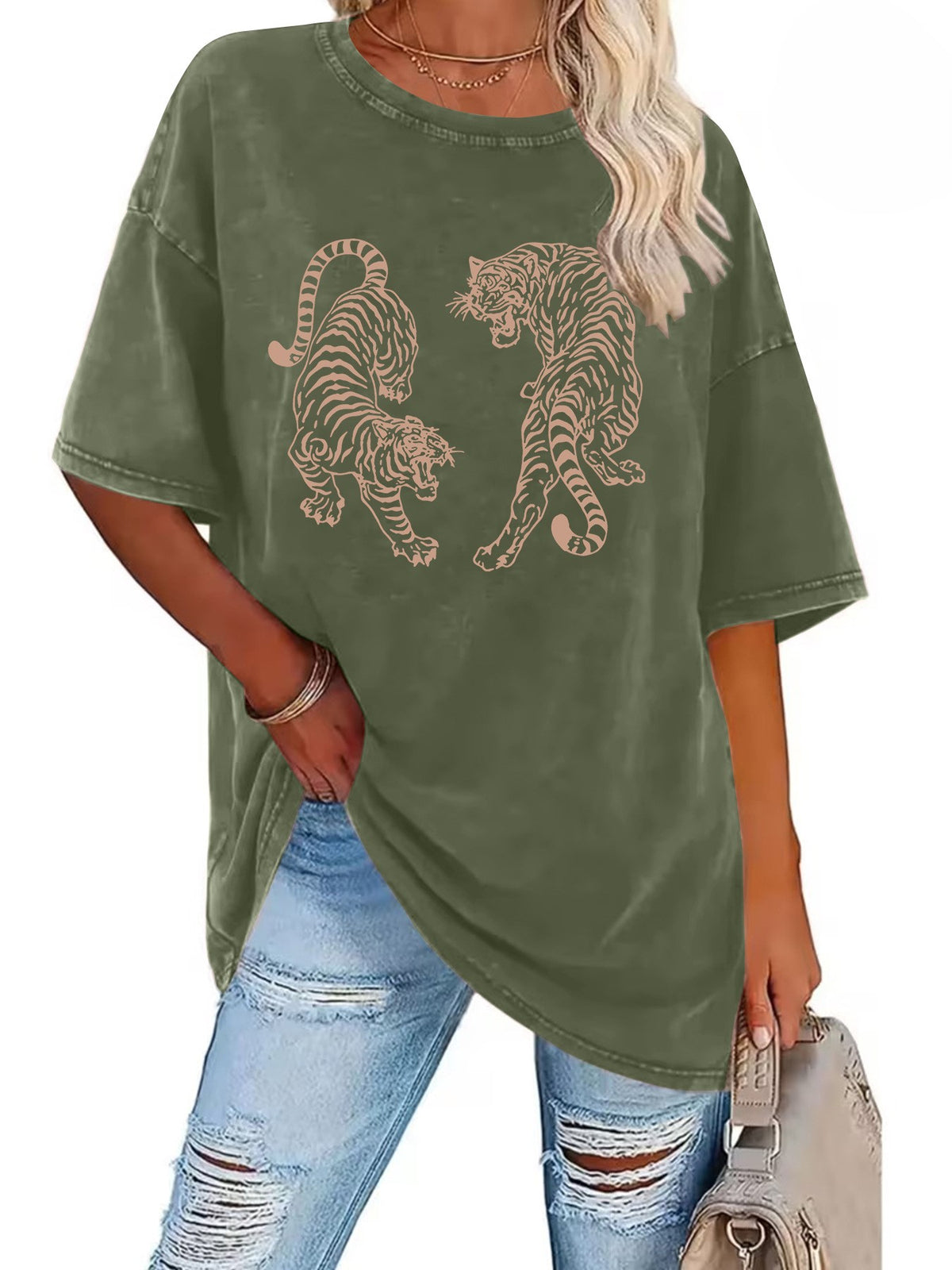 Washed Twin Tiger Graphic Oversized T-Shirt - Green