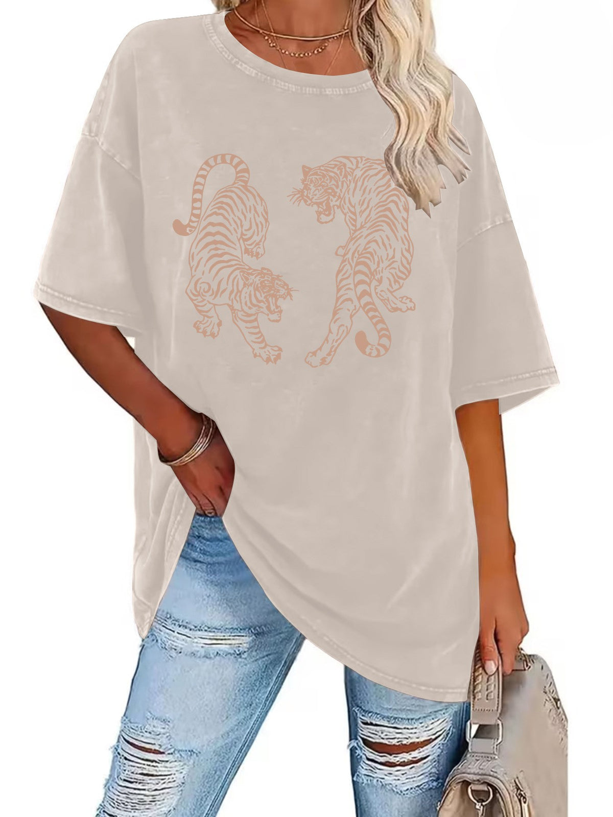 Washed Twin Tiger Graphic Oversized T-Shirt - Khaki