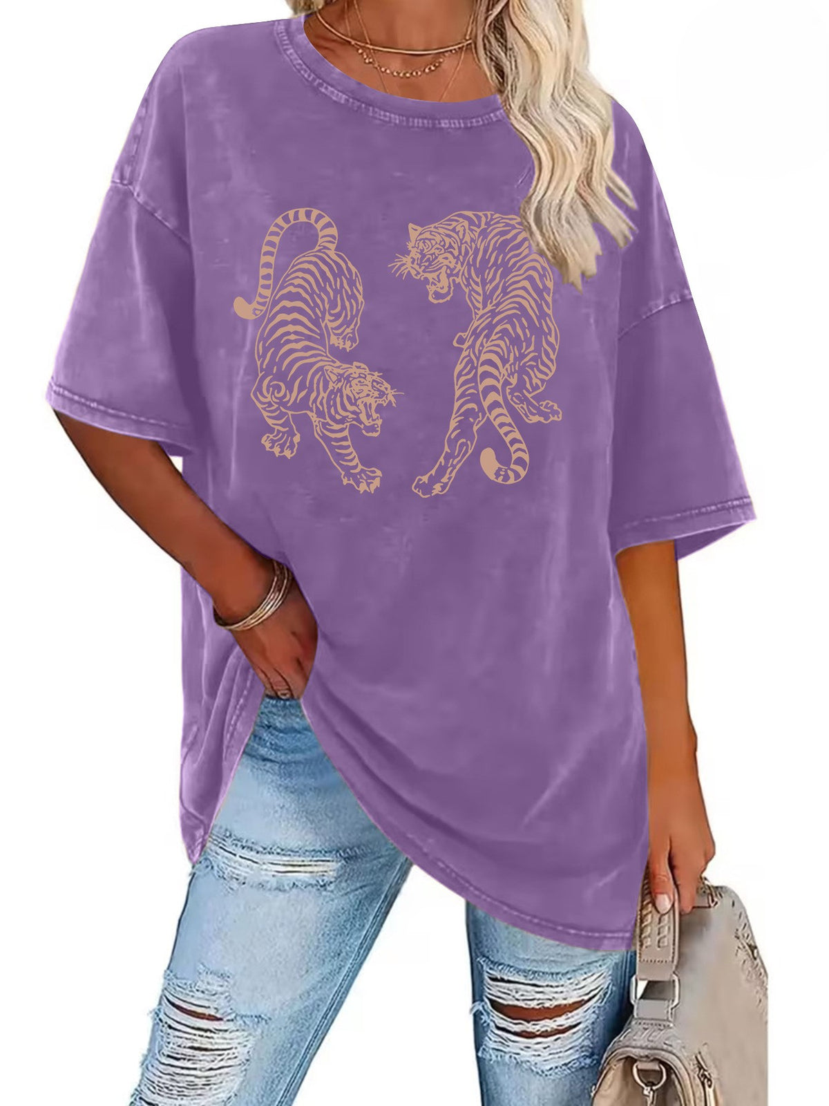 Washed Twin Tiger Graphic Oversized T-Shirt - Purple