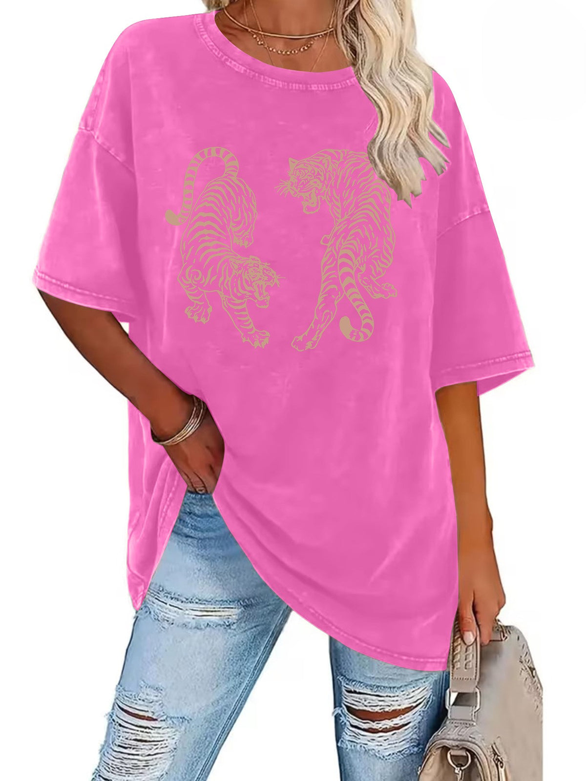 Washed Twin Tiger Graphic Oversized T-Shirt - RoseRed
