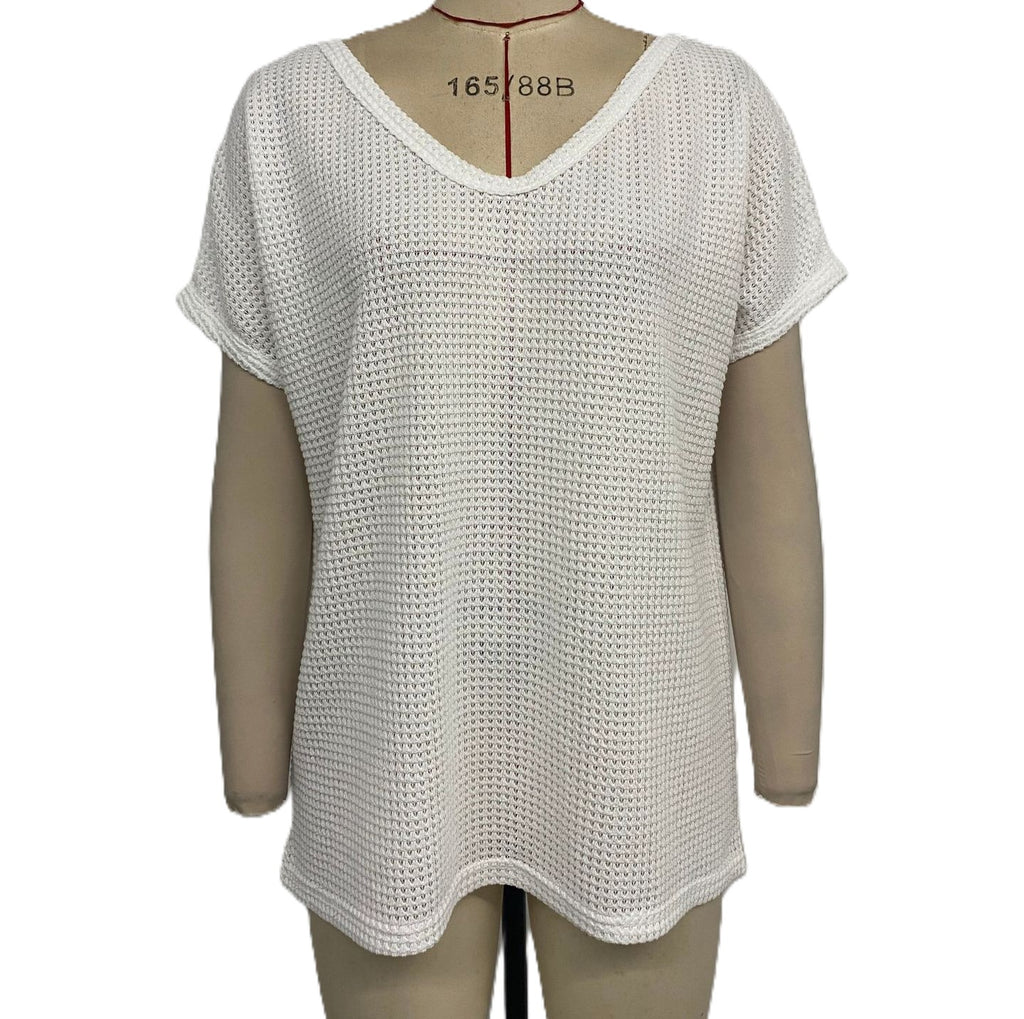 Waffle Knit Crochet Back Tee - White