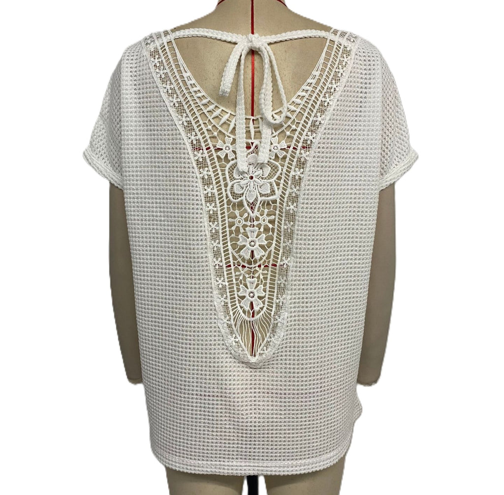 Waffle Knit Crochet Back Tee - White - 2