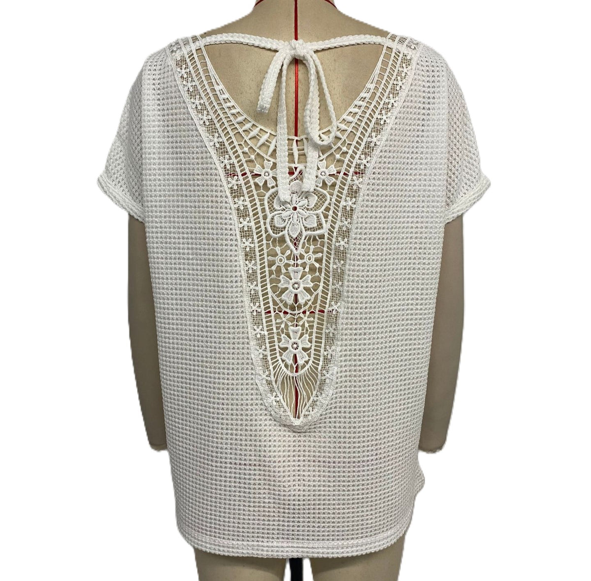 Waffle Knit Crochet Back Tee - White - 2