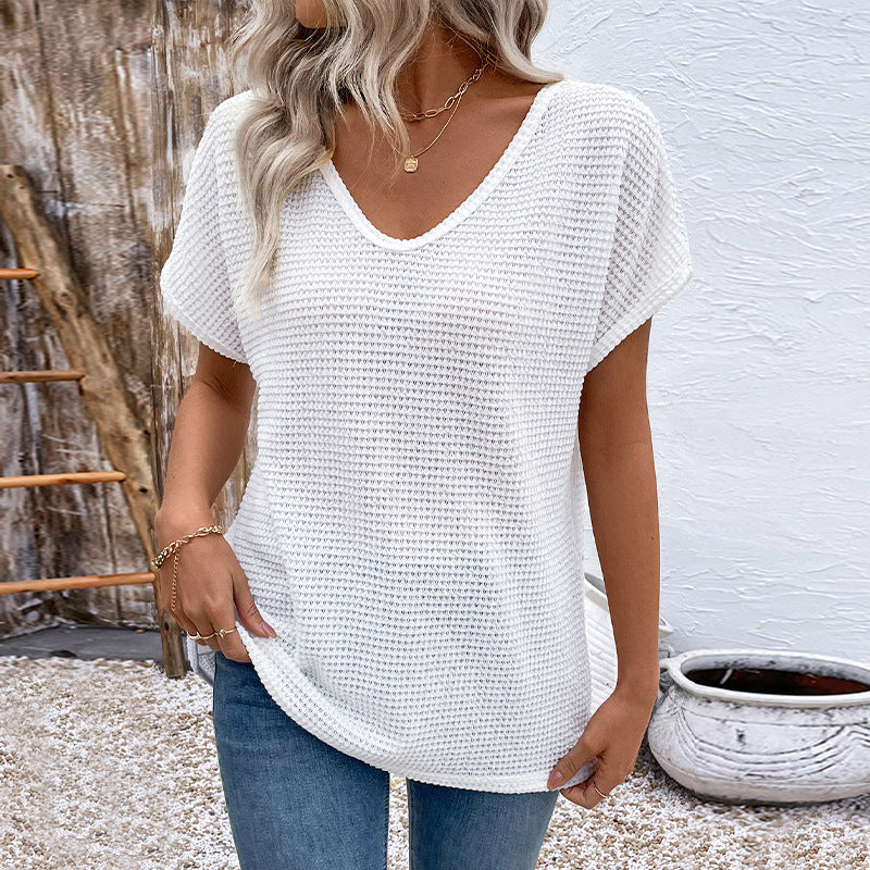 Waffle Knit Crochet Back Tee - White - 4