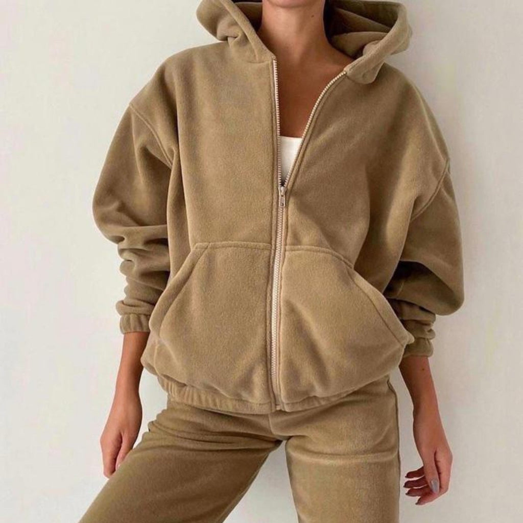 Oversized Fleece Zip Hoodie Jogger Athletic Set - Camel