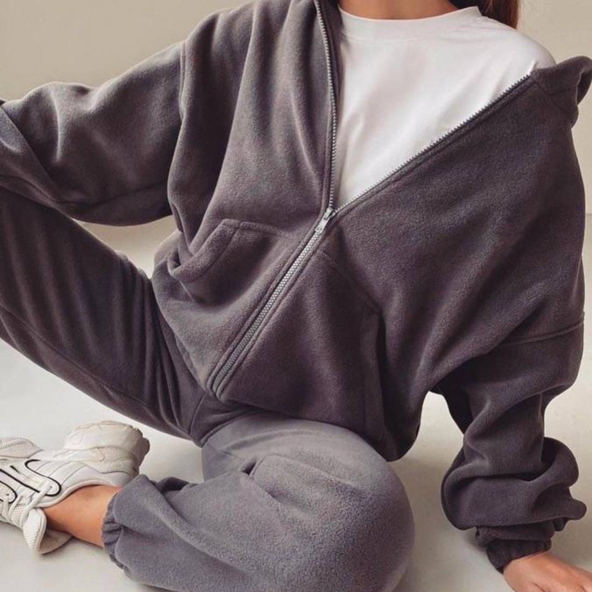 Oversized Fleece Zip Hoodie Jogger Athletic Set - Charcoal Gray