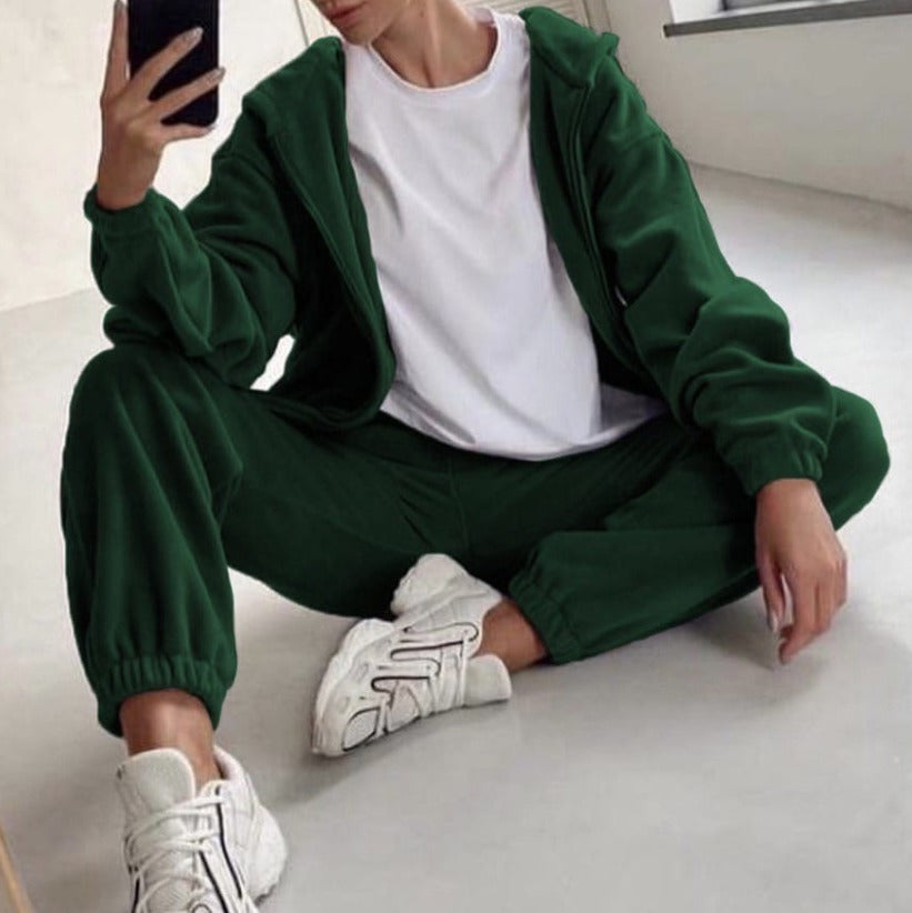 Oversized Fleece Zip Hoodie Jogger Athletic Set - Forest Green