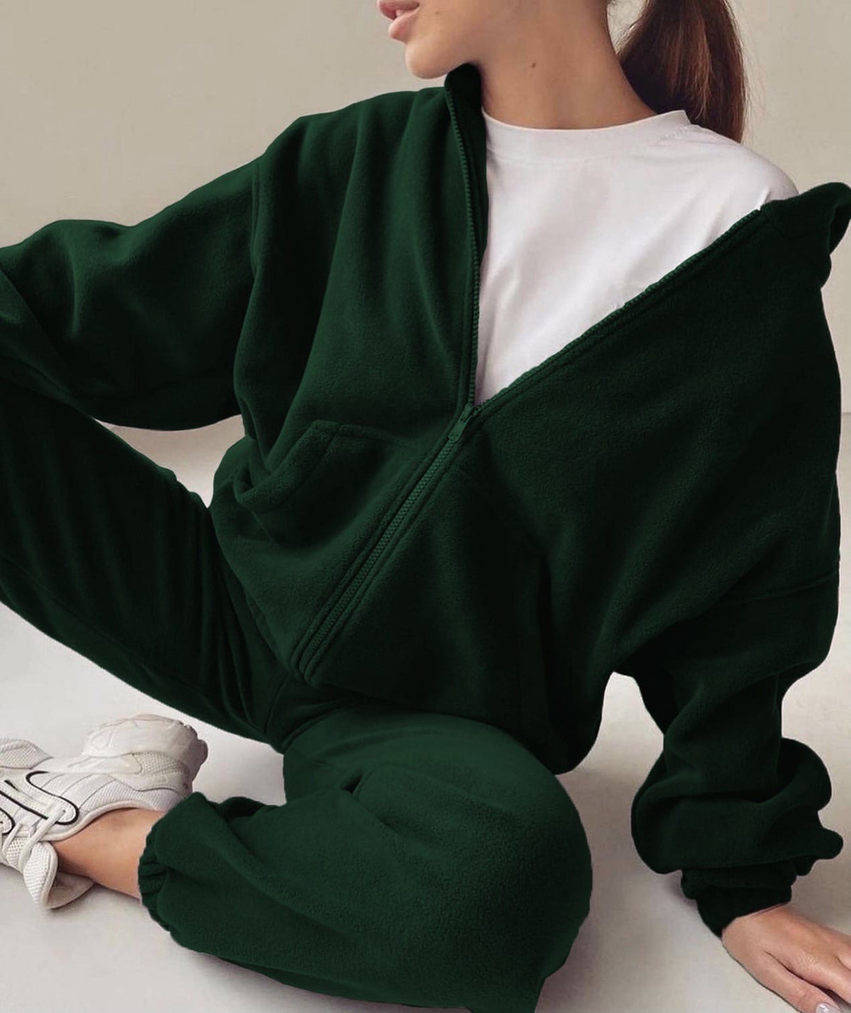 Oversized Fleece Zip Hoodie Jogger Athletic Set