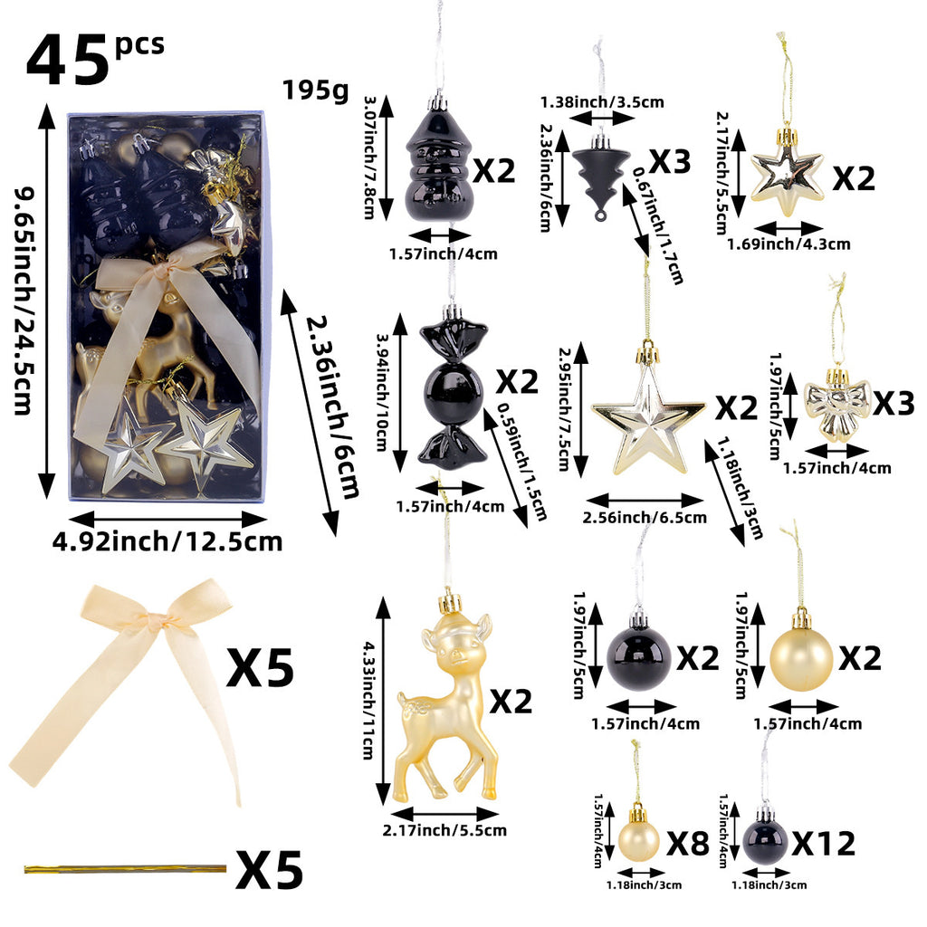 45-Piece Christmas Ornament Set with Reindeer and Bows - BlackGold