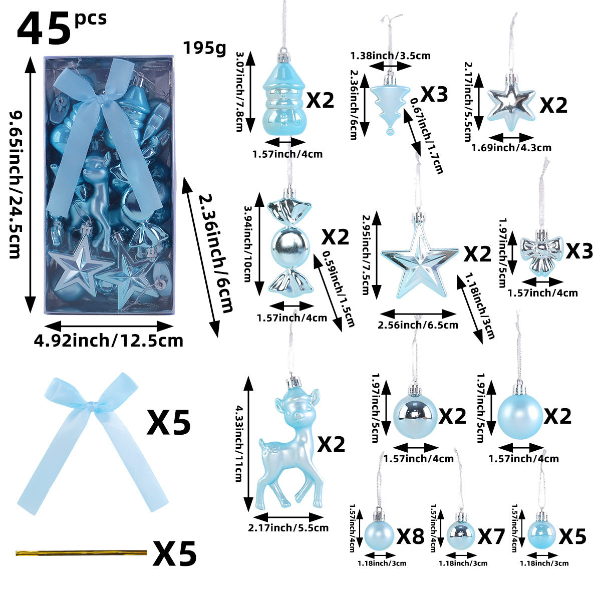 45-Piece Christmas Ornament Set with Reindeer and Bows - Blue - 1