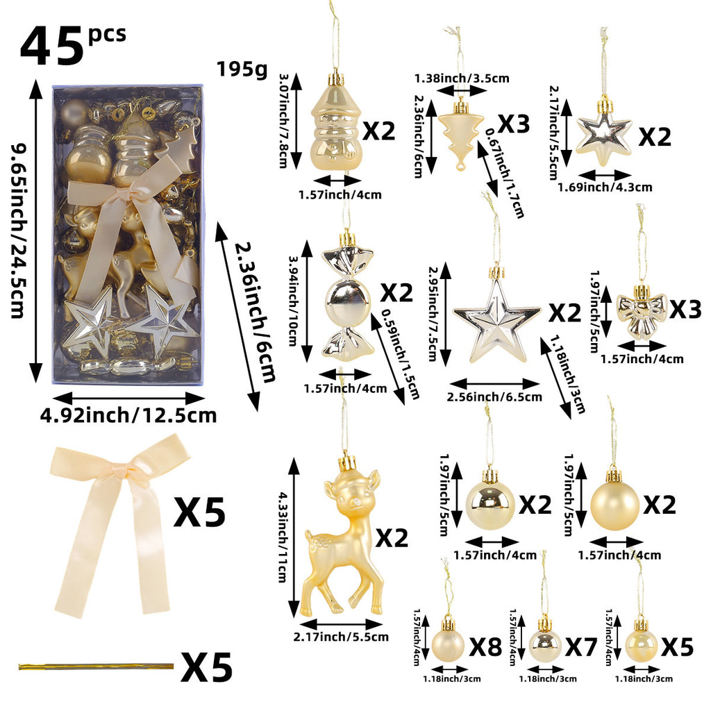 45-Piece Christmas Ornament Set with Reindeer and Bows - Gold