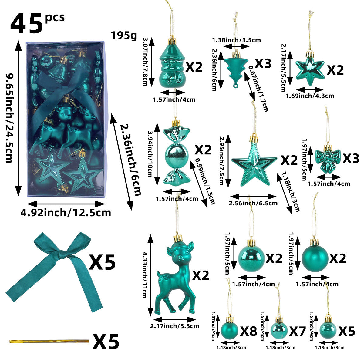 45-Piece Christmas Ornament Set with Reindeer and Bows - Green
