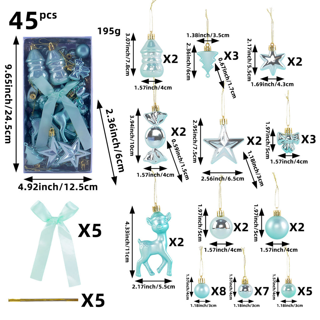 45-Piece Christmas Ornament Set with Reindeer and Bows - LightBlue