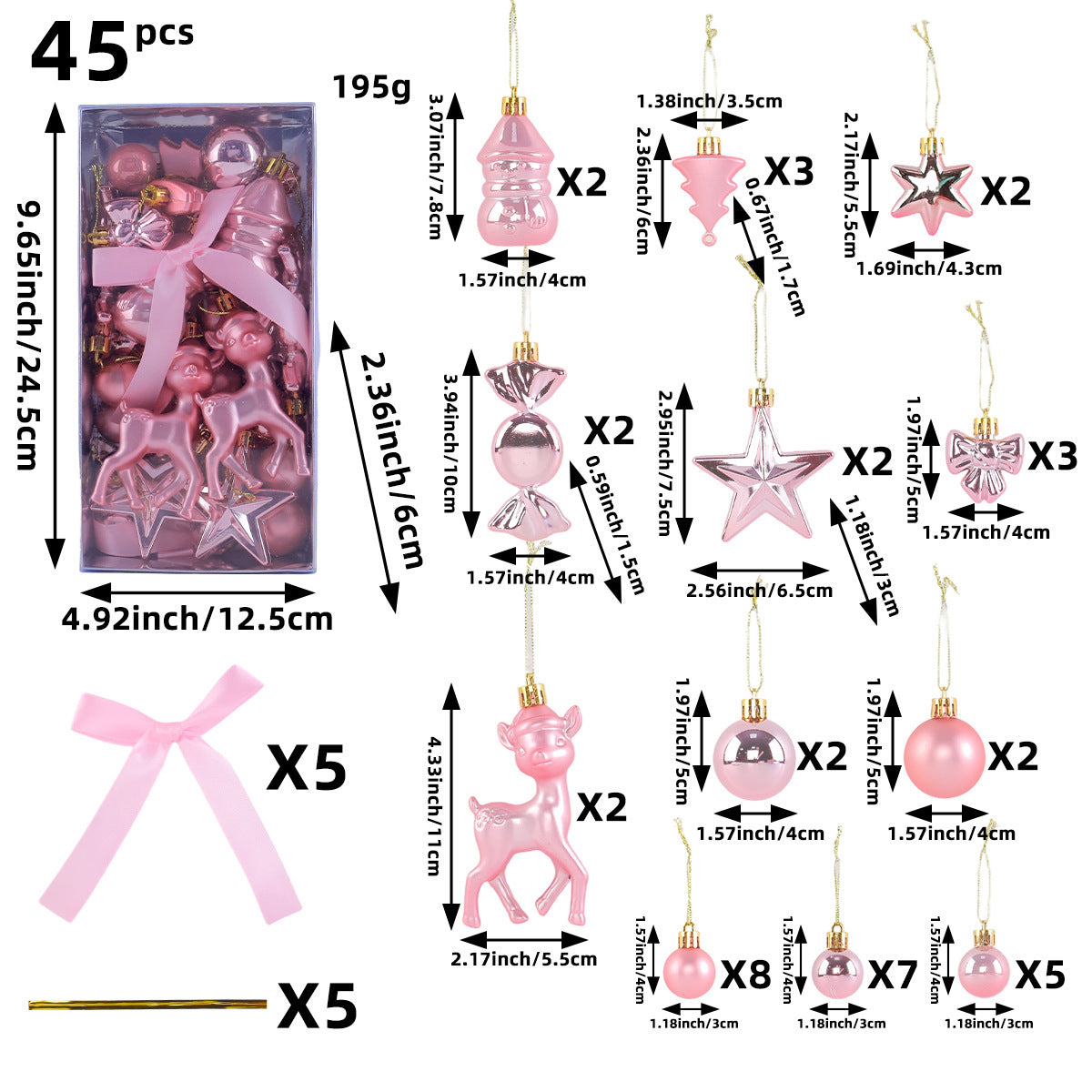 45-Piece Christmas Ornament Set with Reindeer and Bows - Pink