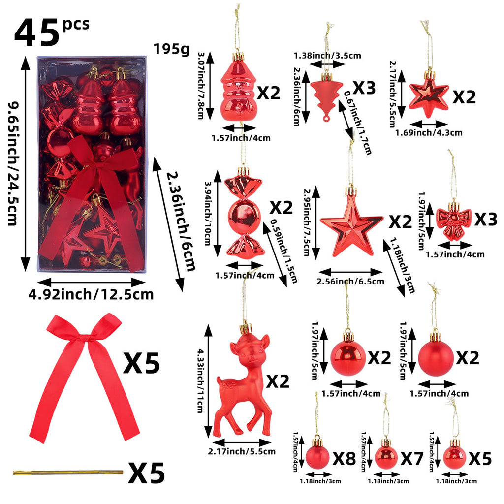 45-Piece Christmas Ornament Set with Reindeer and Bows - Red