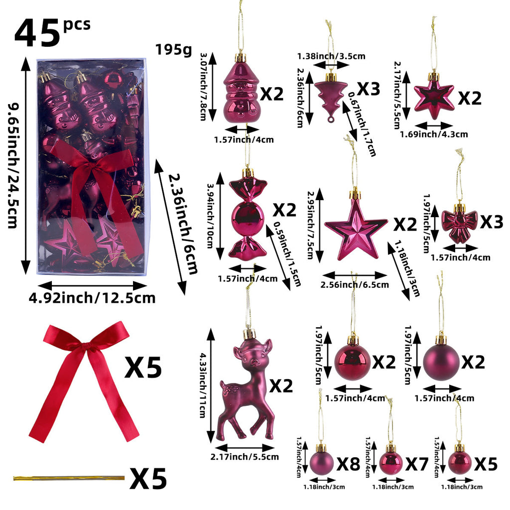 45-Piece Christmas Ornament Set with Reindeer and Bows - Winered