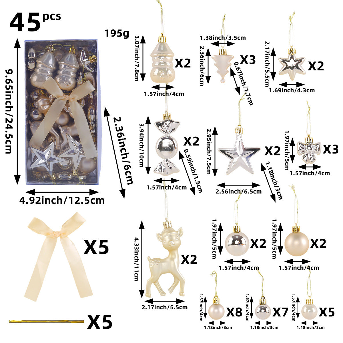 45-Piece Christmas Ornament Set with Reindeer and Bows - Yellow