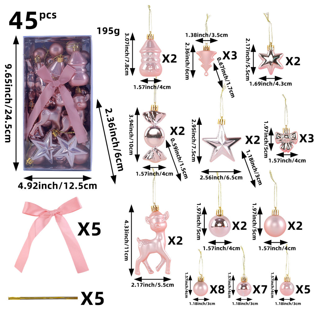 45-Piece Christmas Ornament Set with Reindeer and Bows - lightpink