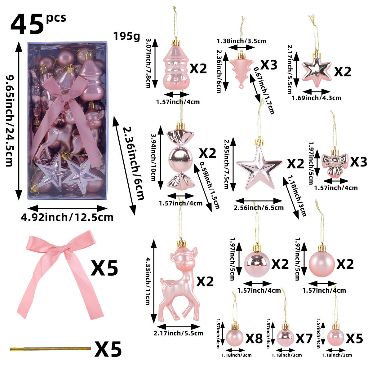 45-Piece Christmas Ornament Set with Reindeer and Bows - lightpink