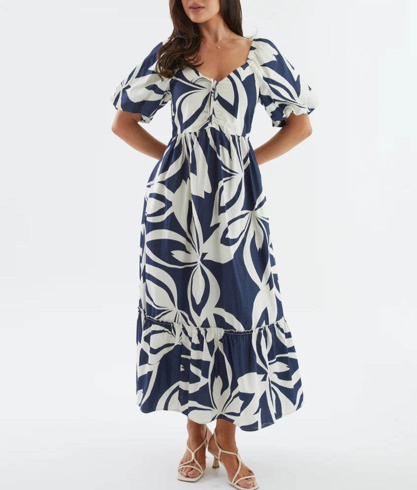Leaf Print Puff Sleeve Tiered Maxi Dress - Navyblue