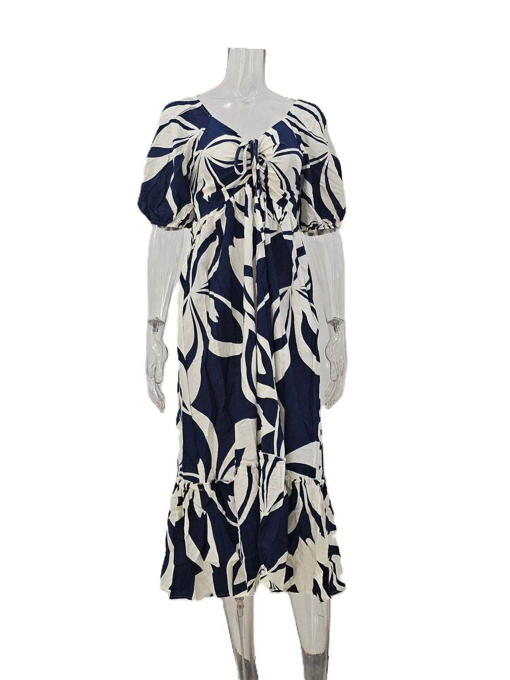 Leaf Print Puff Sleeve Tiered Maxi Dress - Navyblue - 1